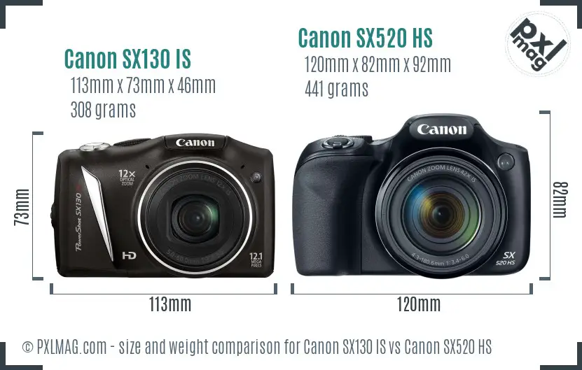 Canon SX130 IS vs Canon SX520 HS size comparison