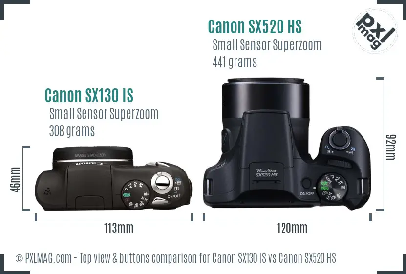 Canon SX130 IS vs Canon SX520 HS top view buttons comparison