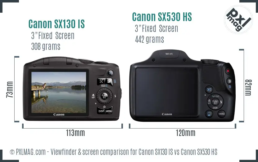 Canon SX130 IS vs Canon SX530 HS Screen and Viewfinder comparison