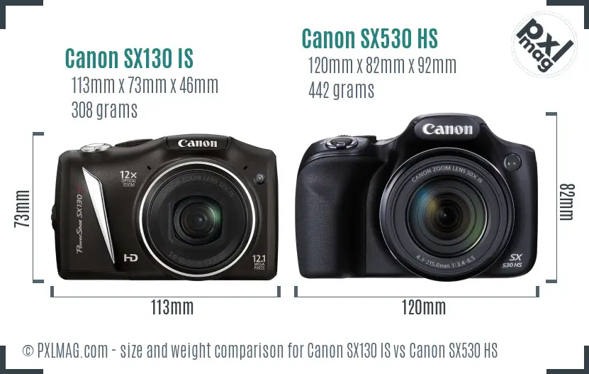Canon SX130 IS vs Canon SX530 HS size comparison