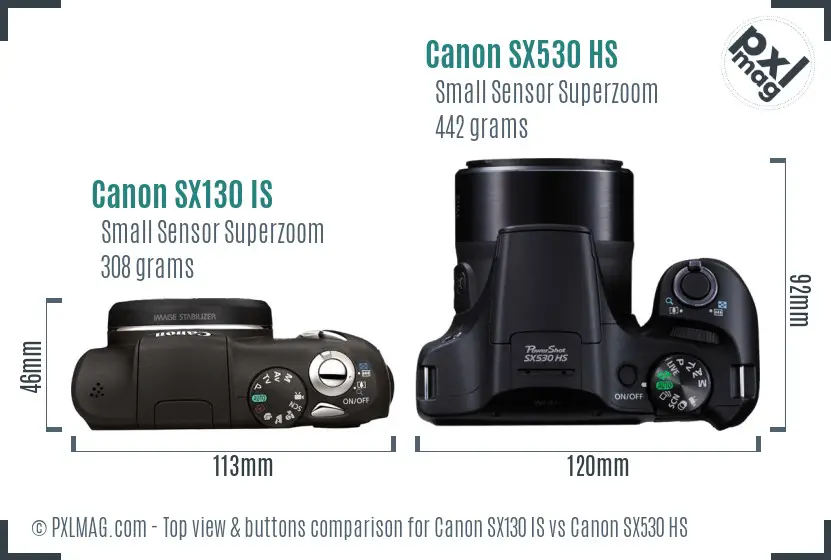 Canon SX130 IS vs Canon SX530 HS top view buttons comparison