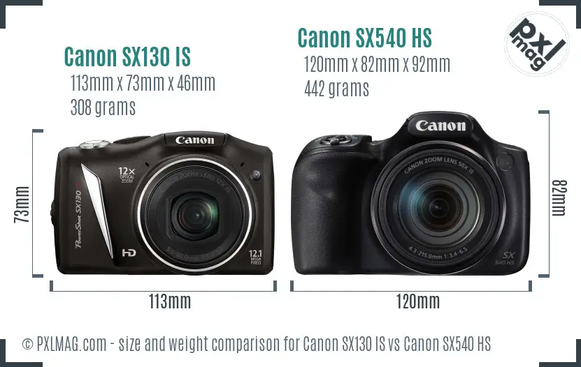 Canon SX130 IS vs Canon SX540 HS size comparison