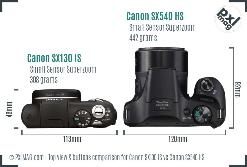Canon SX130 IS vs Canon SX540 HS top view buttons comparison
