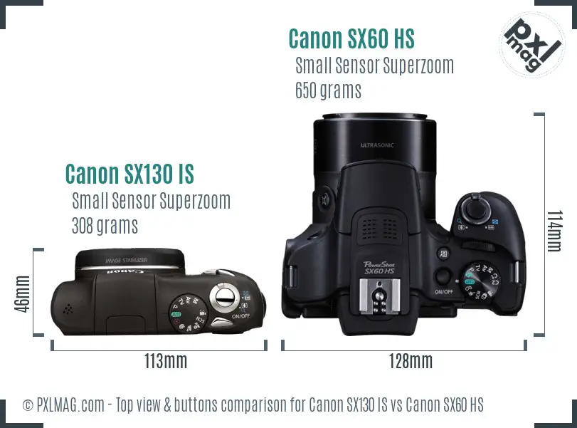 Canon SX130 IS vs Canon SX60 HS top view buttons comparison