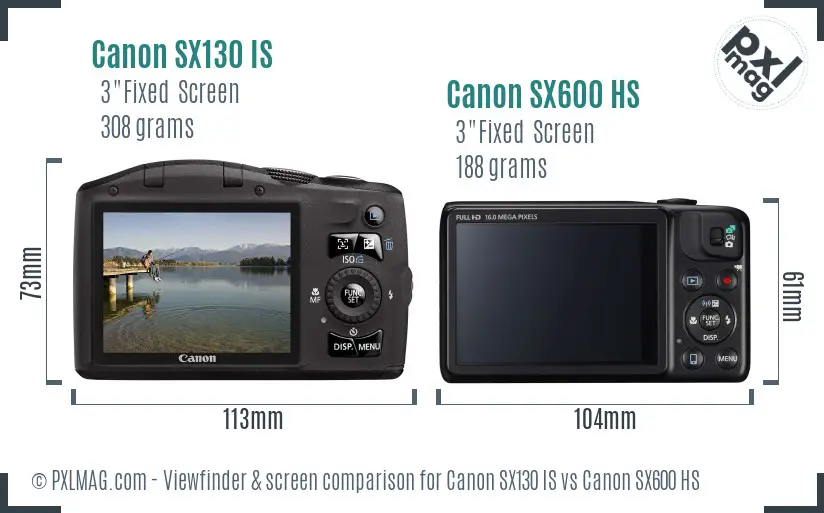 Canon SX130 IS vs Canon SX600 HS Screen and Viewfinder comparison