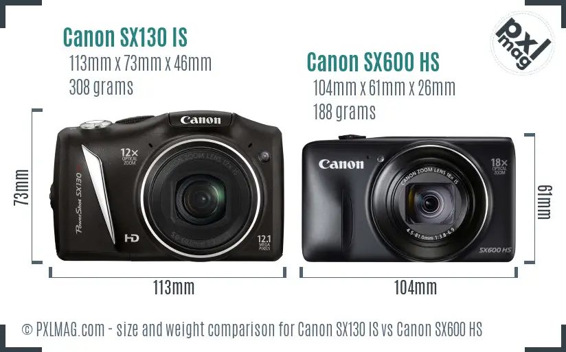Canon SX130 IS vs Canon SX600 HS size comparison