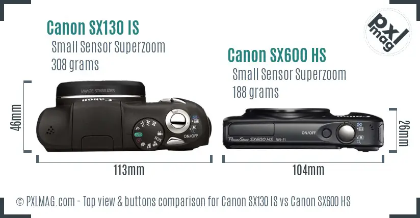 Canon SX130 IS vs Canon SX600 HS top view buttons comparison