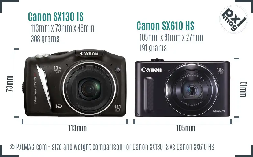Canon SX130 IS vs Canon SX610 HS size comparison