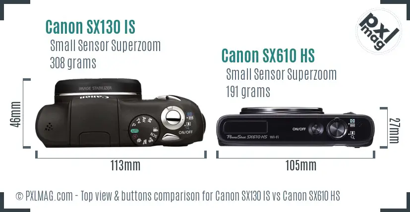 Canon SX130 IS vs Canon SX610 HS top view buttons comparison