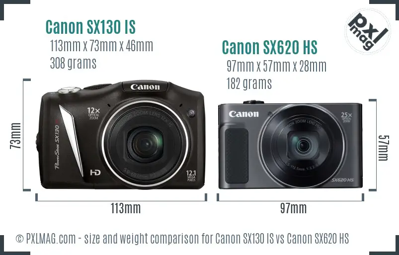 Canon SX130 IS vs Canon SX620 HS size comparison