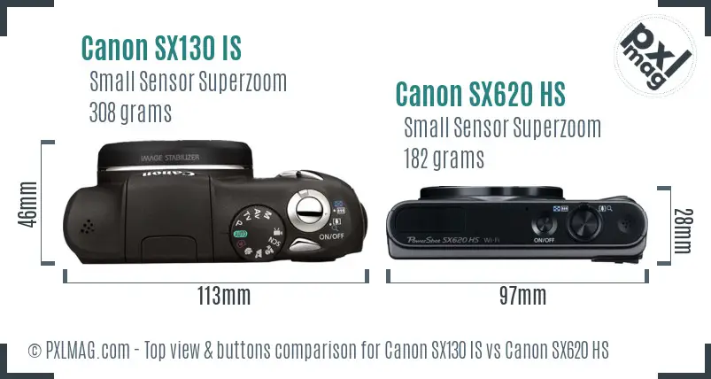 Canon SX130 IS vs Canon SX620 HS top view buttons comparison