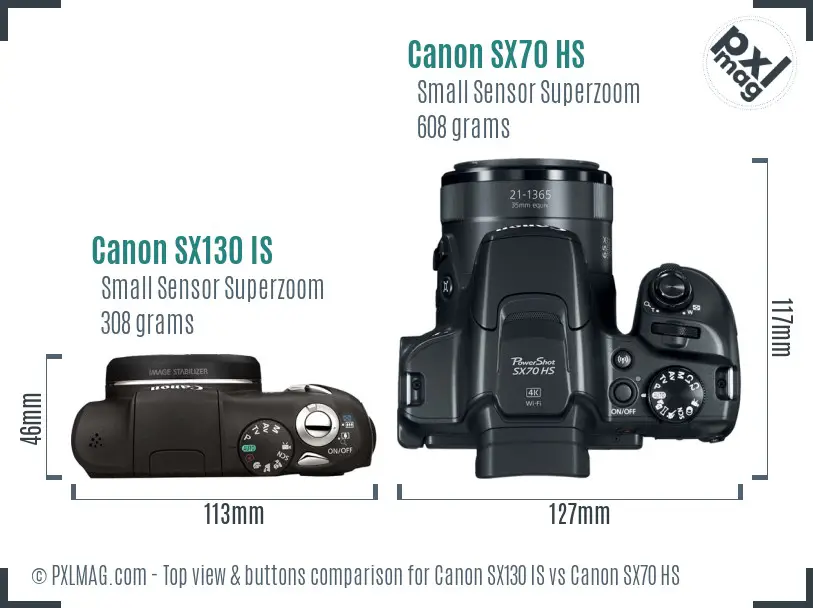 Canon SX130 IS vs Canon SX70 HS top view buttons comparison