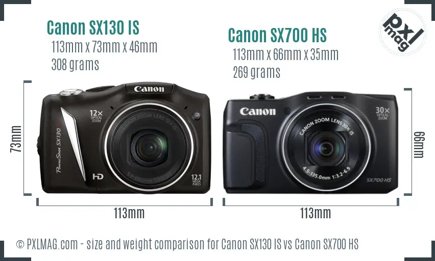 Canon SX130 IS vs Canon SX700 HS size comparison