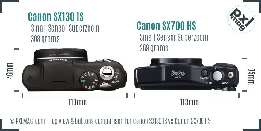 Canon SX130 IS vs Canon SX700 HS top view buttons comparison