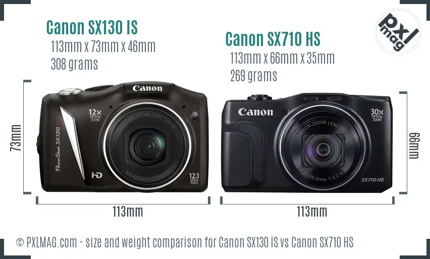 Canon SX130 IS vs Canon SX710 HS size comparison