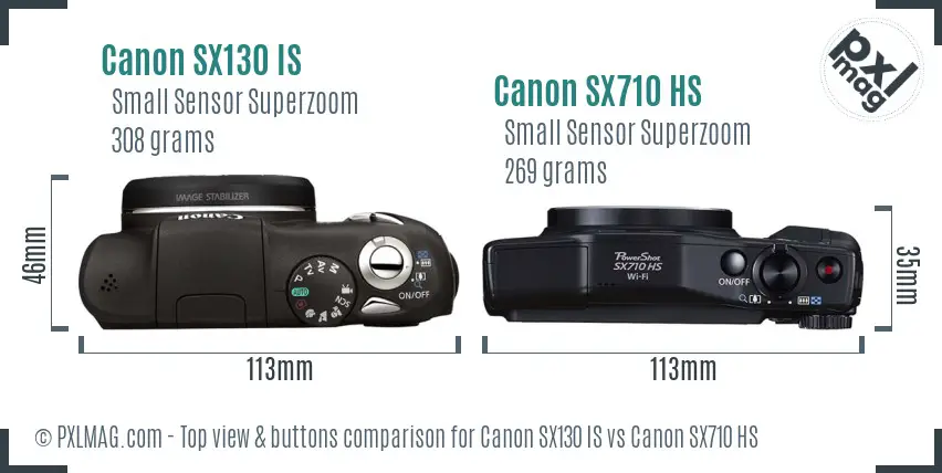 Canon SX130 IS vs Canon SX710 HS top view buttons comparison