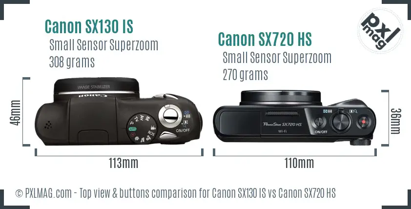 Canon SX130 IS vs Canon SX720 HS top view buttons comparison