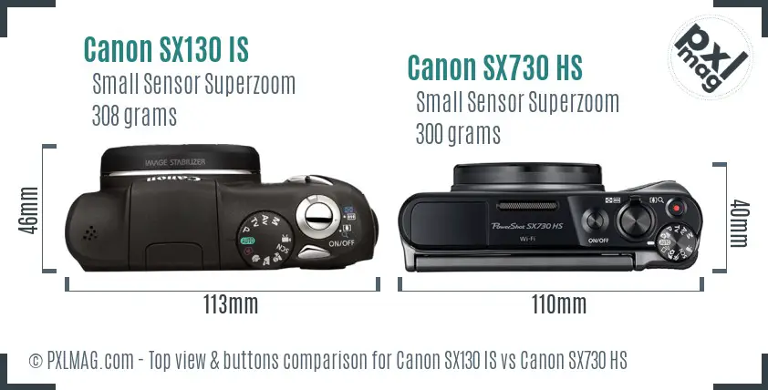 Canon SX130 IS vs Canon SX730 HS top view buttons comparison