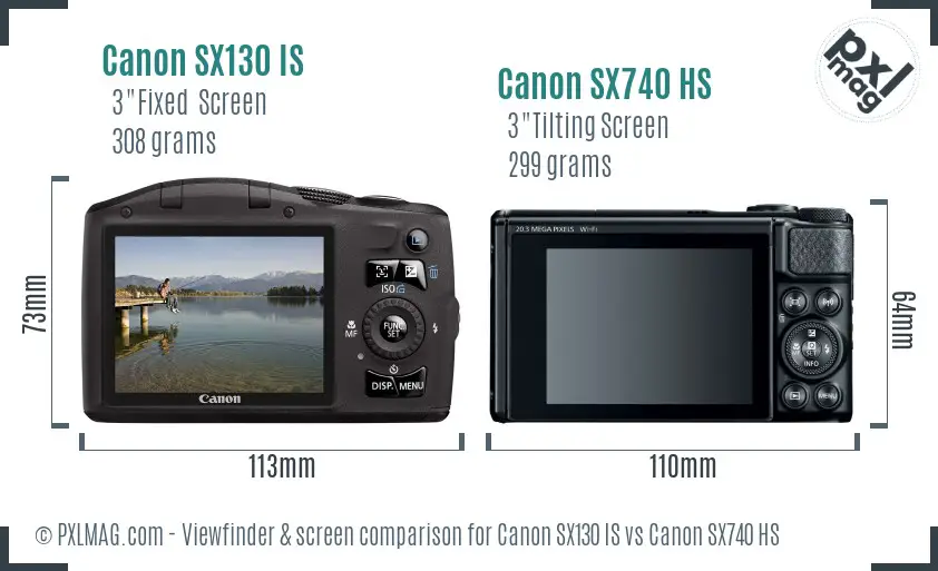 Canon SX130 IS vs Canon SX740 HS Screen and Viewfinder comparison