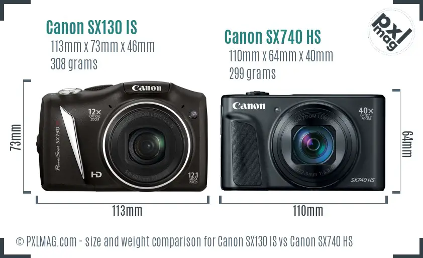 Canon SX130 IS vs Canon SX740 HS size comparison