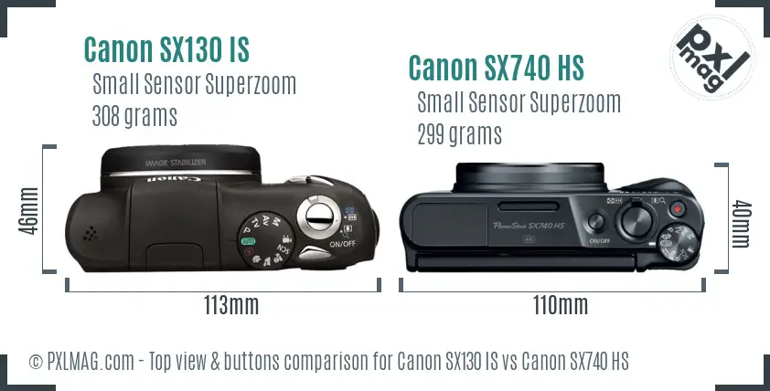 Canon SX130 IS vs Canon SX740 HS top view buttons comparison