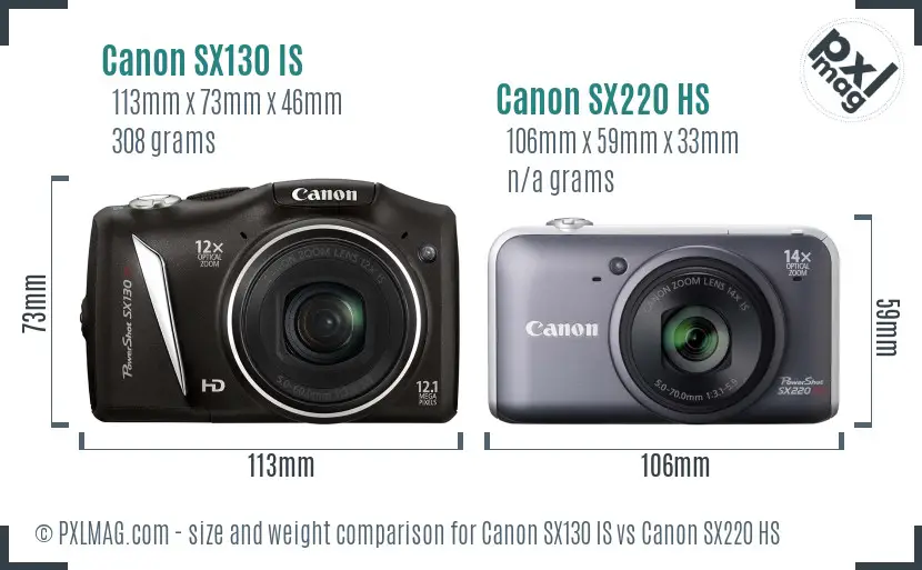 Canon SX130 IS vs Canon SX220 HS size comparison
