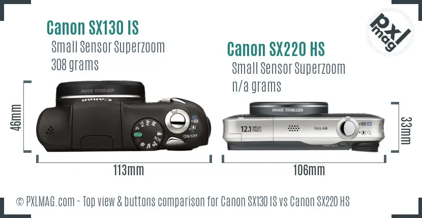 Canon SX130 IS vs Canon SX220 HS top view buttons comparison