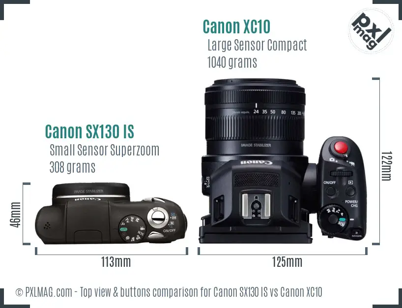 Canon SX130 IS vs Canon XC10 top view buttons comparison