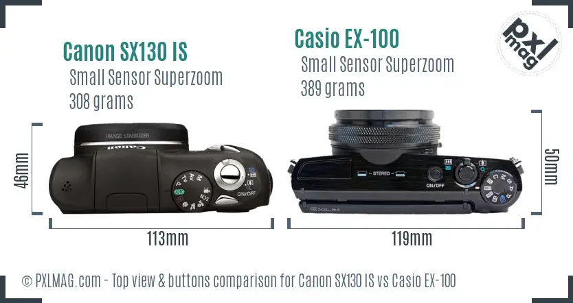 Canon SX130 IS vs Casio EX-100 top view buttons comparison Canon SX130 IS vs Casio EX-100 top view buttons comparison