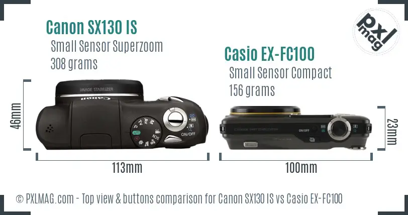 Canon SX130 IS vs Casio EX-FC100 top view buttons comparison