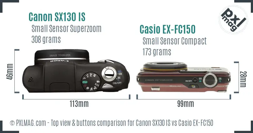 Canon SX130 IS vs Casio EX-FC150 top view buttons comparison