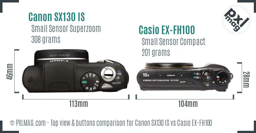 Canon SX130 IS vs Casio EX-FH100 top view buttons comparison