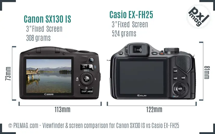 Canon SX130 IS vs Casio EX-FH25 Screen and Viewfinder comparison