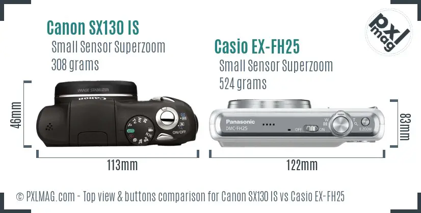 Canon SX130 IS vs Casio EX-FH25 top view buttons comparison