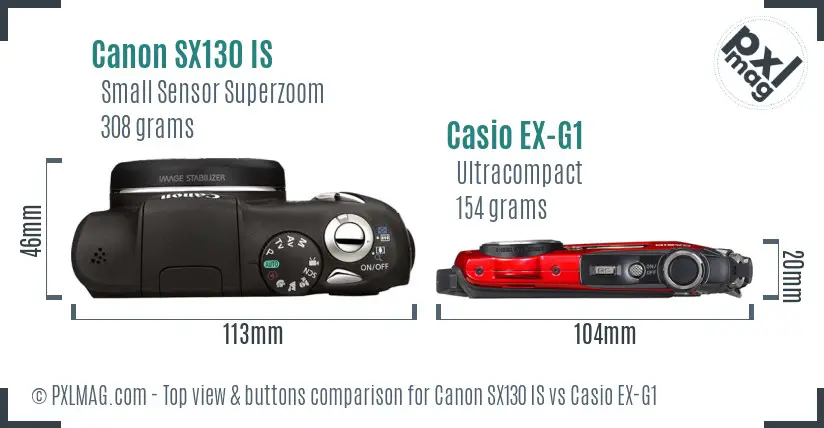 Canon SX130 IS vs Casio EX-G1 top view buttons comparison