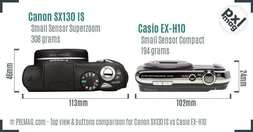 Canon SX130 IS vs Casio EX-H10 top view buttons comparison