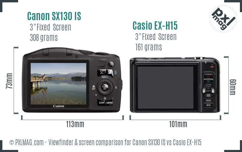 Canon SX130 IS vs Casio EX-H15 Screen and Viewfinder comparison
