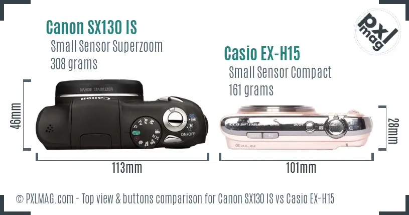 Canon SX130 IS vs Casio EX-H15 top view buttons comparison