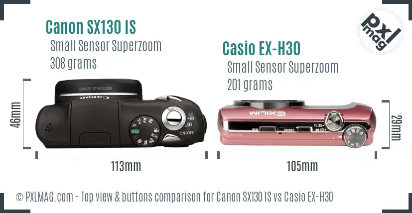 Canon SX130 IS vs Casio EX-H30 top view buttons comparison