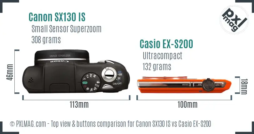 Canon SX130 IS vs Casio EX-S200 top view buttons comparison