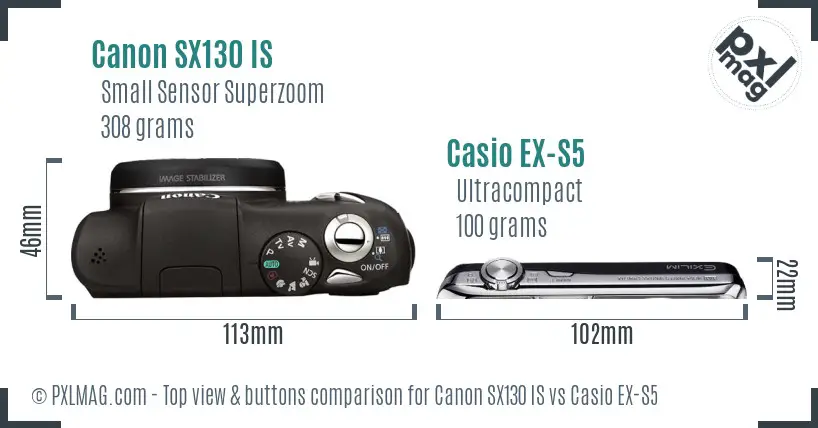 Canon SX130 IS vs Casio EX-S5 top view buttons comparison