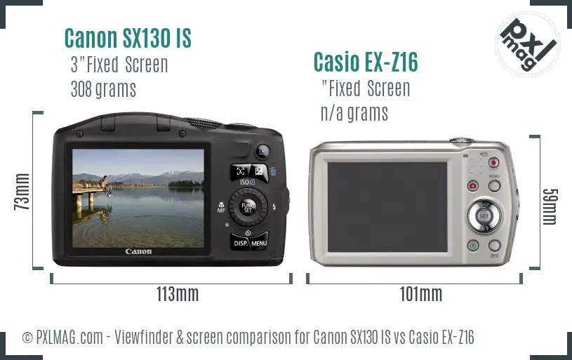 Canon SX130 IS vs Casio EX-Z16 Screen and Viewfinder comparison