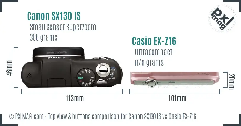 Canon SX130 IS vs Casio EX-Z16 top view buttons comparison