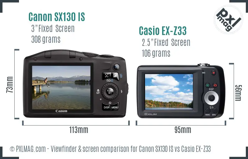 Canon SX130 IS vs Casio EX-Z33 Screen and Viewfinder comparison