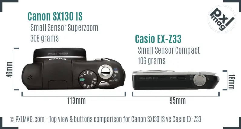 Canon SX130 IS vs Casio EX-Z33 top view buttons comparison