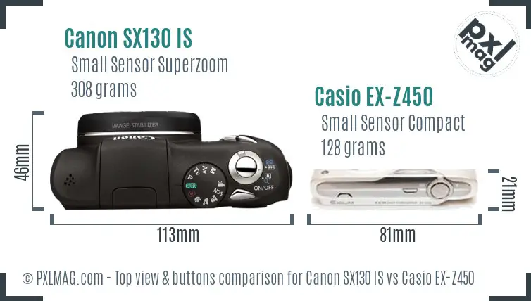 Canon SX130 IS vs Casio EX-Z450 top view buttons comparison