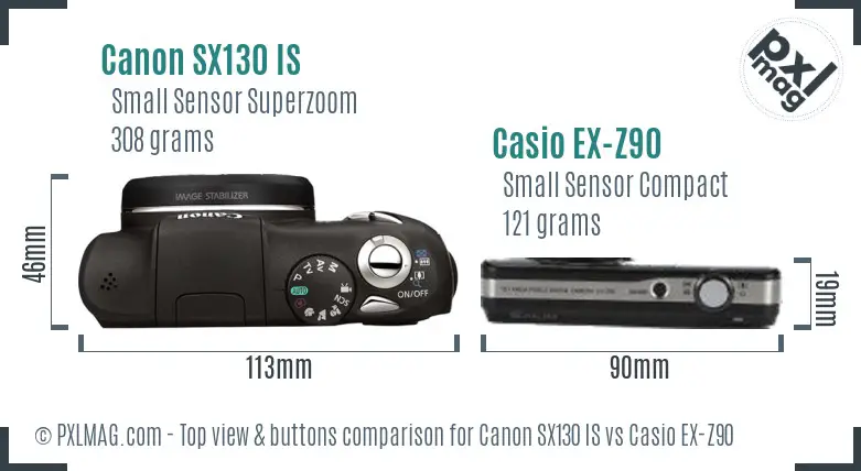 Canon SX130 IS vs Casio EX-Z90 top view buttons comparison Canon SX130 IS vs Casio EX-Z90 top view buttons comparison