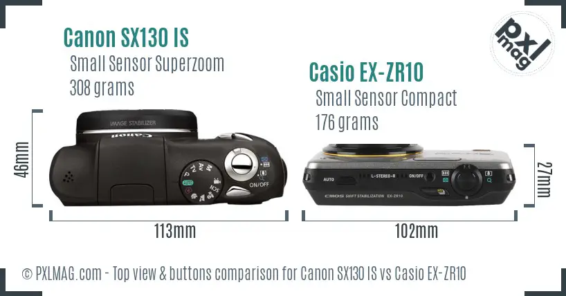 Canon SX130 IS vs Casio EX-ZR10 top view buttons comparison