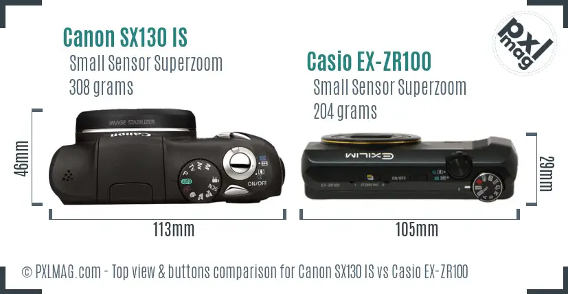 Canon SX130 IS vs Casio EX-ZR100 top view buttons comparison