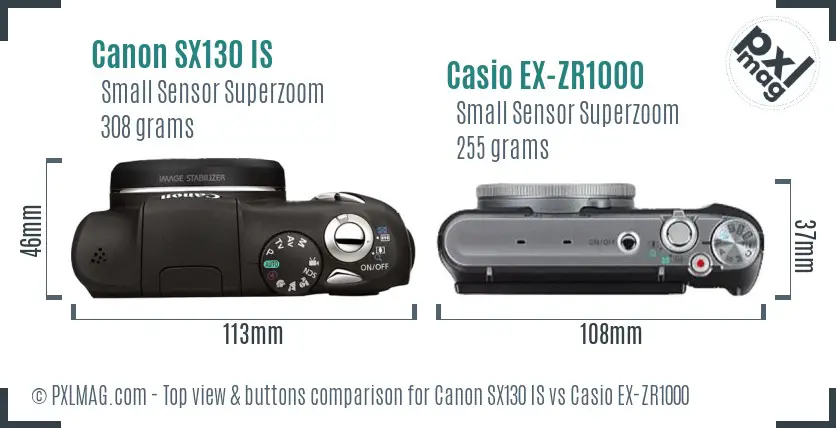 Canon SX130 IS vs Casio EX-ZR1000 top view buttons comparison